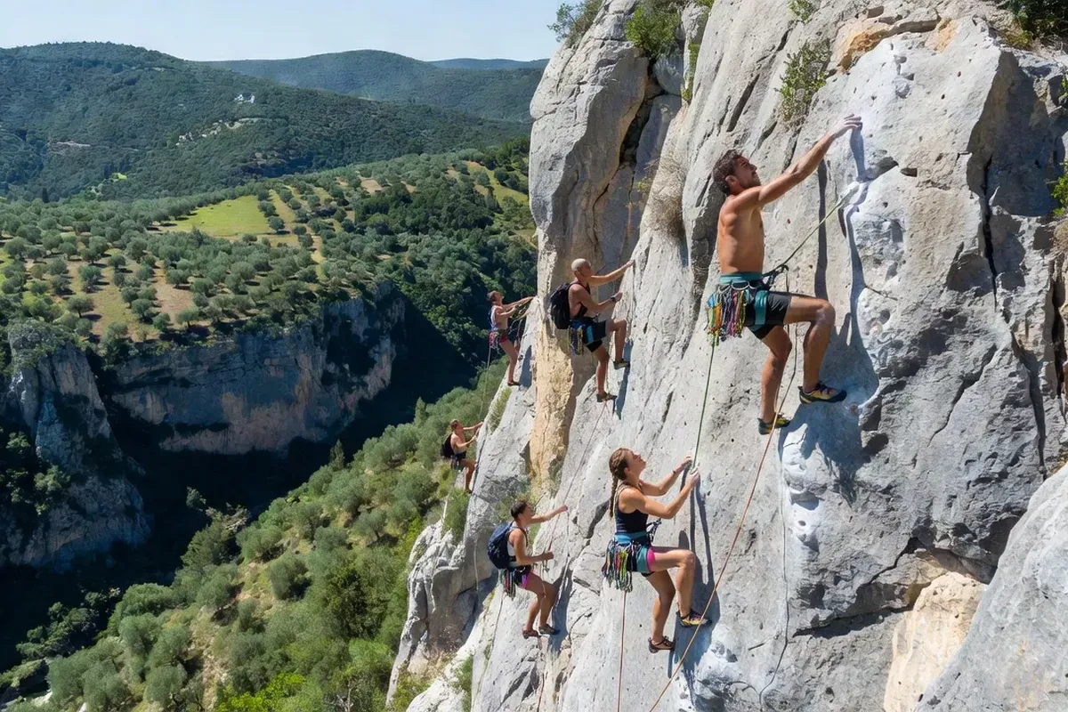 Groupe de cyclistes amateurs sur la route du versant nord du Mont Ventoux, dans la forêt de cèdres dorés sous un ciel bleu de Provence