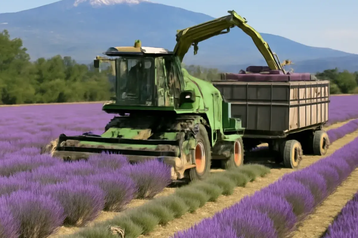 Vignobles de l'AOC Ventoux en été avec les rangées de vignes vertes en terrasses sur les pentes inférieures du massif et le sommet blanc calcaire en arrière-plan