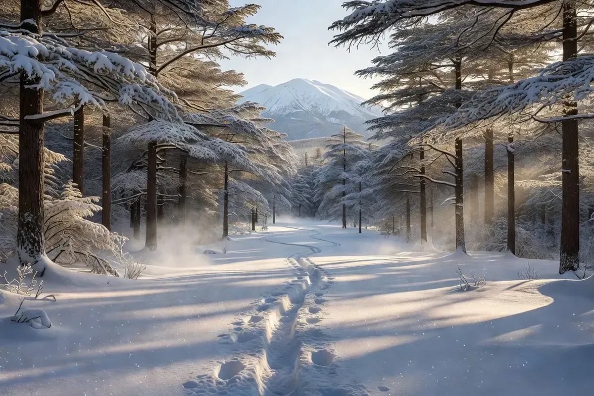 Vue aérienne du domaine skiable du Mont Serein avec les pistes enneigées, les remontées mécaniques et le massif du Ventoux en arrière-plan sous un ciel d'hiver