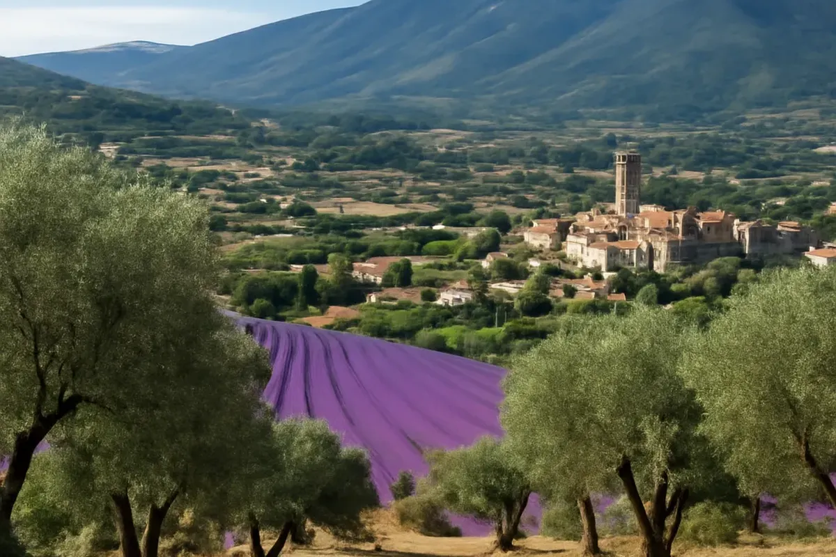 Sentier de randonnée dans la forêt de cèdres au-dessus de Beaumont-du-Ventoux avec vue sur le Ventoux