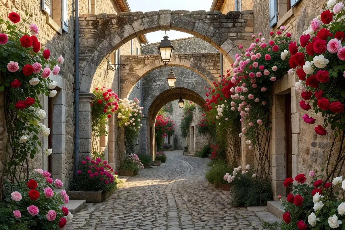 Ruelles médiévales de Beaumont-du-Ventoux avec maisons en pierre et lavande en fleur