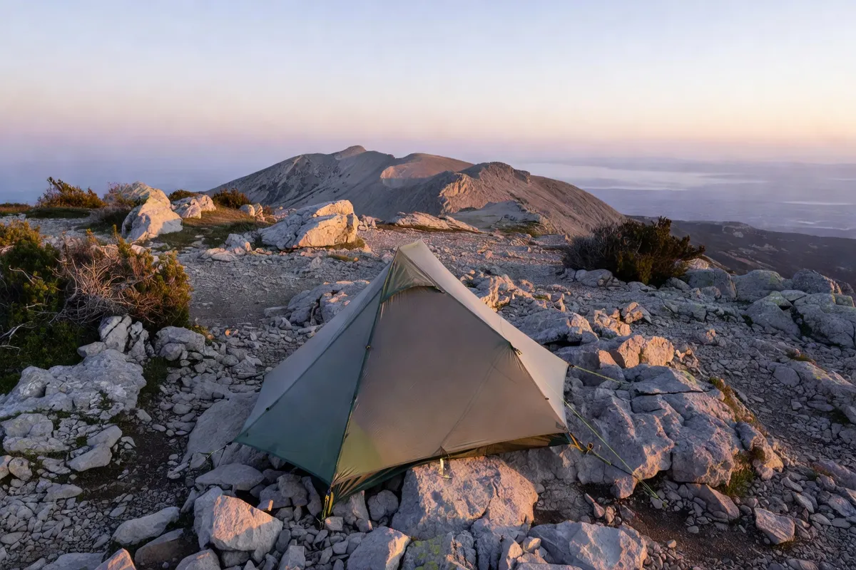 Tente de randonnée légère installée sur un promontoire rocheux du Mont Ventoux au lever du jour