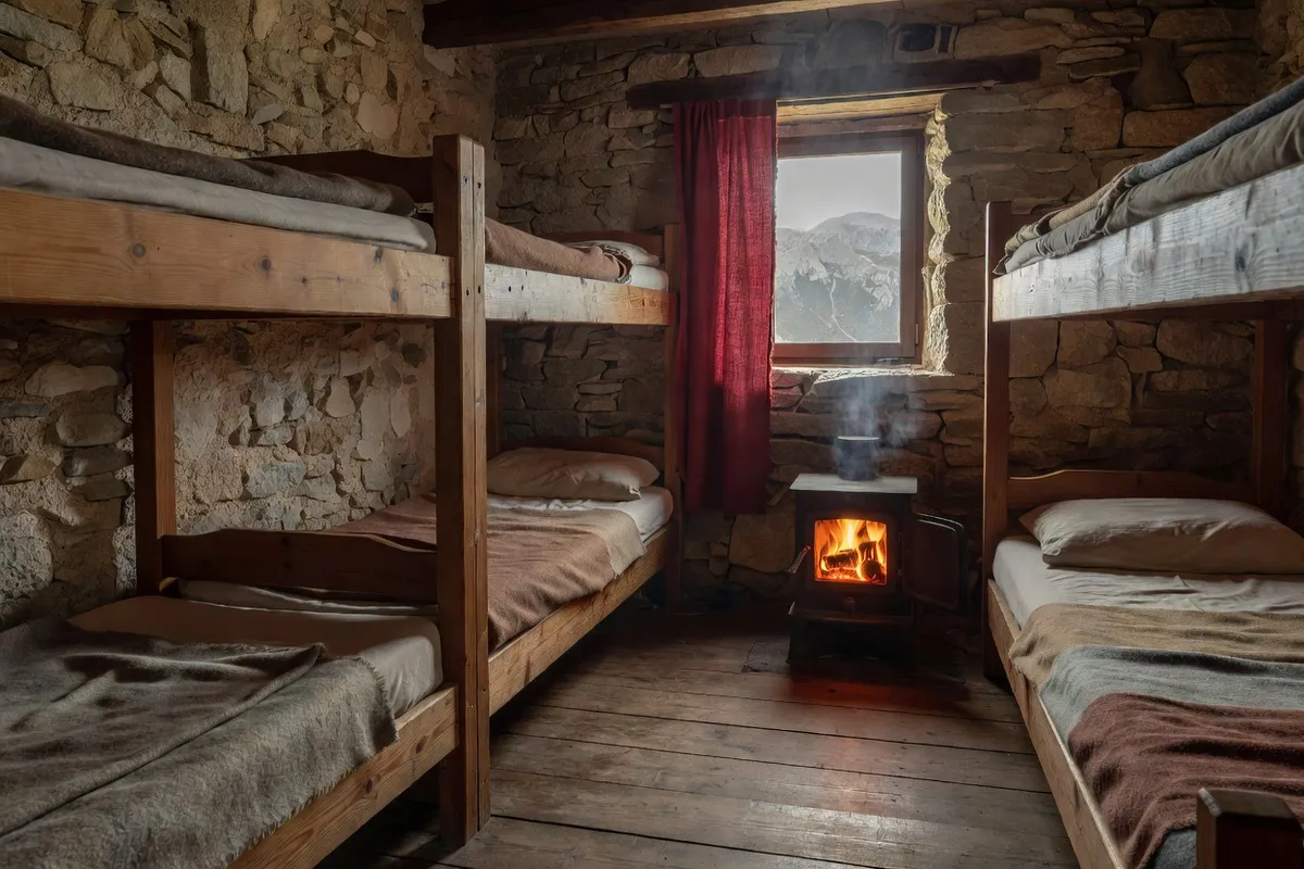 Intérieur simple d’un gîte d’étape en pierre près du Mont Ventoux avec lits superposés en bois