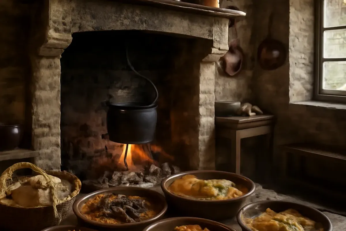 Table dressée dans la salle du Chalet Liotard avec daube d'agneau provençale, fromages de chèvre locaux et vin de l'AOC Ventoux