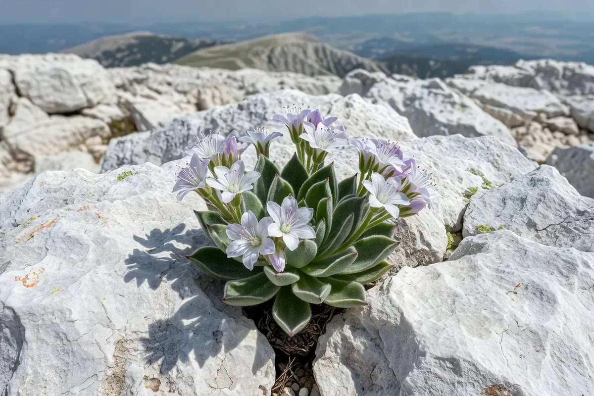 Androsace des Alpes en fleur sur les éboulis calcaires du sommet du Mont Ventoux