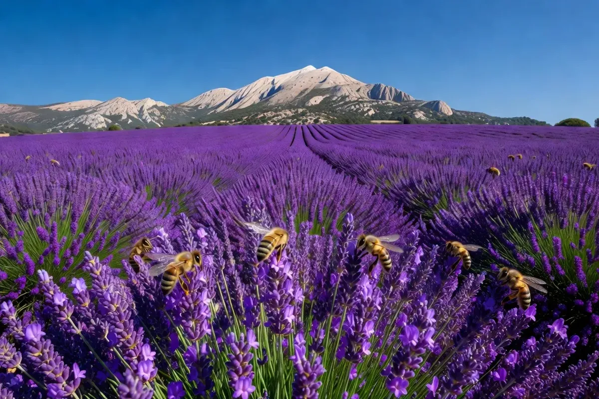 Garrigue provençale en fleur au pied du Mont Ventoux avec romarins, cistes et orchidées sauvages dans un paysage calcaire ensoleillé