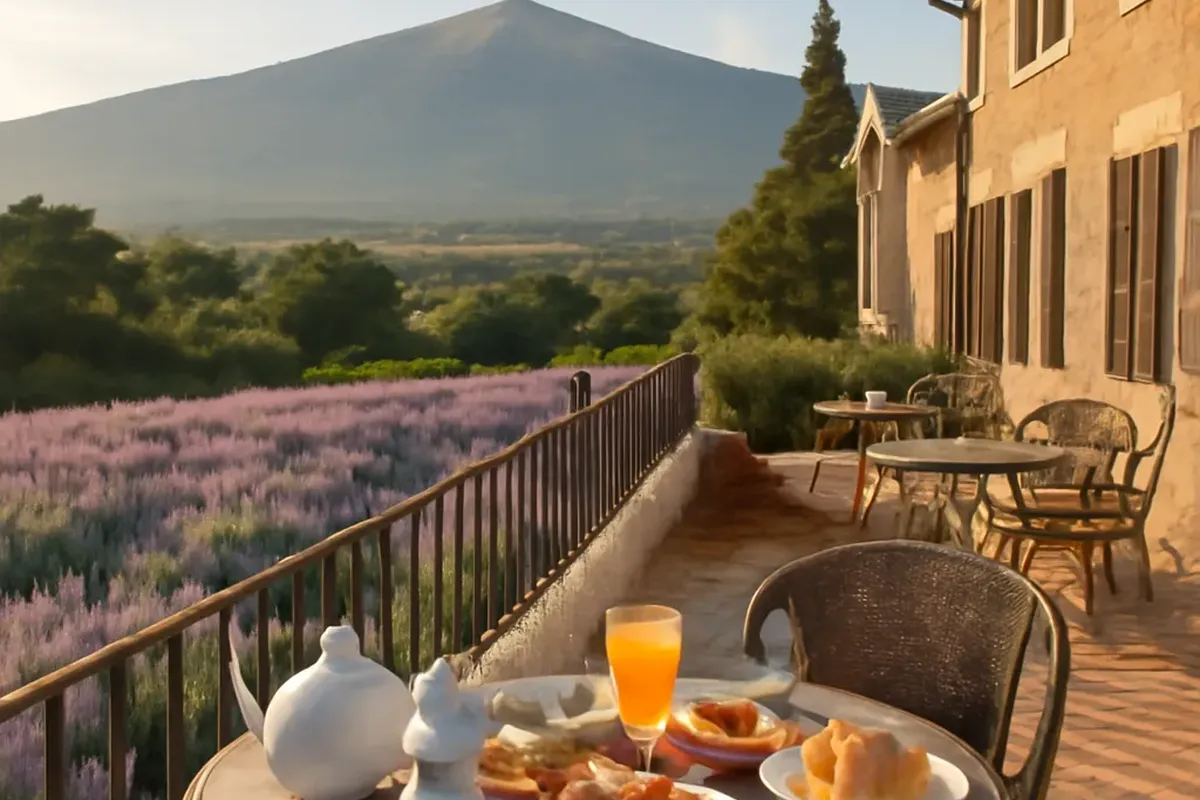 Terrasse d'un gîte de montagne avec vue sur le Mont Ventoux enneigé au coucher du soleil
