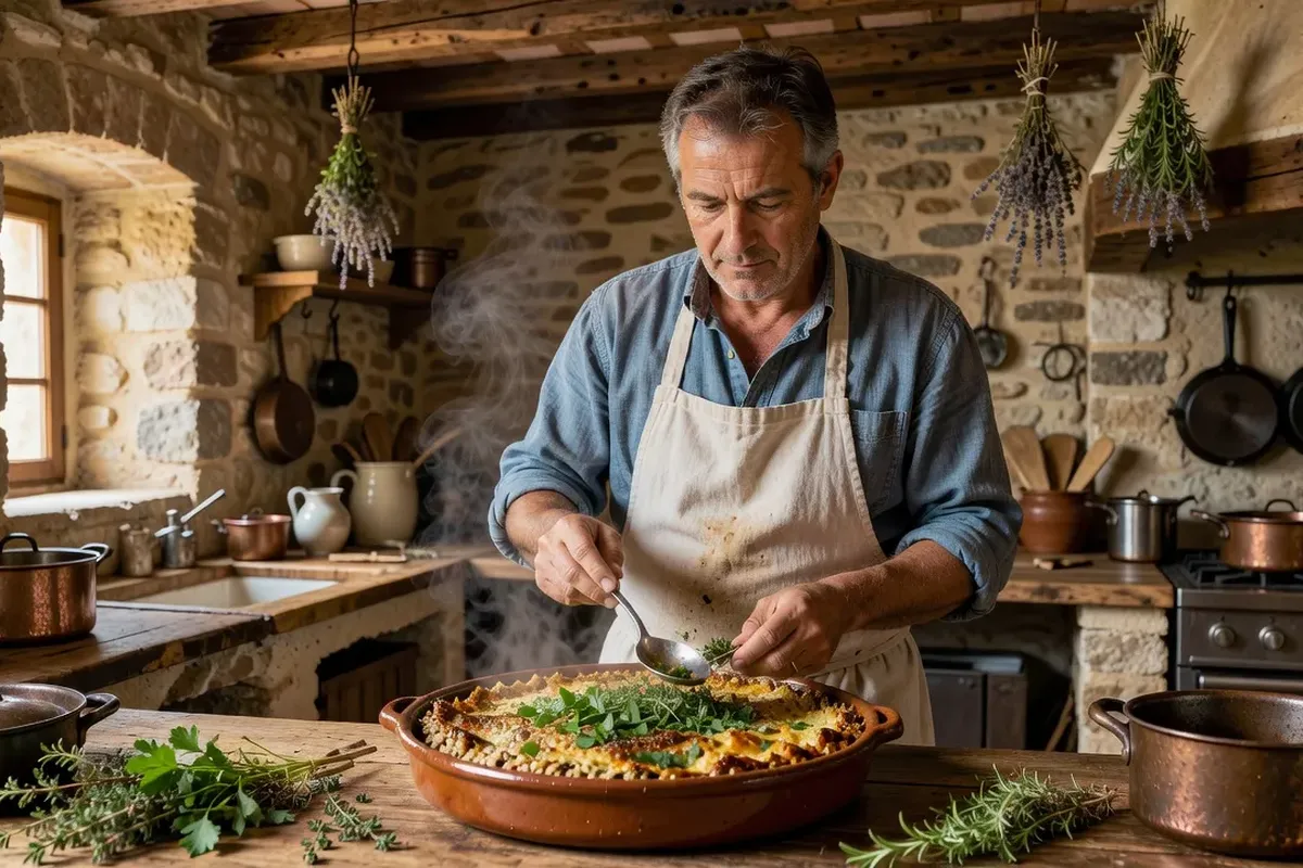 Risotto d'épeautre du Ventoux aux truffes noires du Vaucluse dans un bol en terre cuite