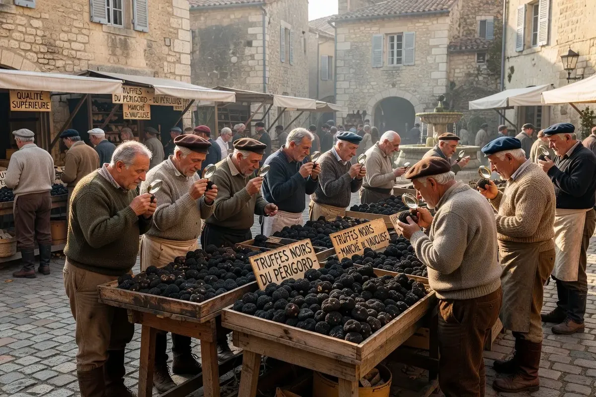 Étal de marché provençal avec herbes de Provence, tapenade, miel et fromages locaux