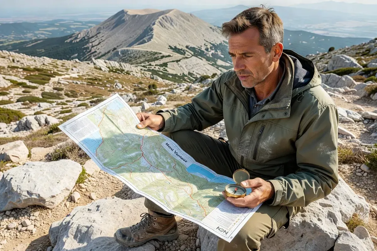 Randonneur consultant une carte IGN sur le sentier balisé du Mont Ventoux, paysage calcaire