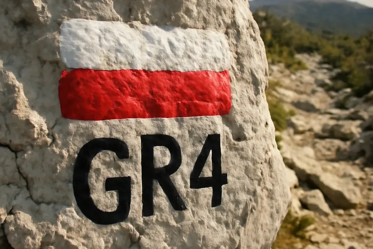 Balisage GR blanc et rouge sur un rocher du Mont Ventoux avec vue sur les Baronnies provençales