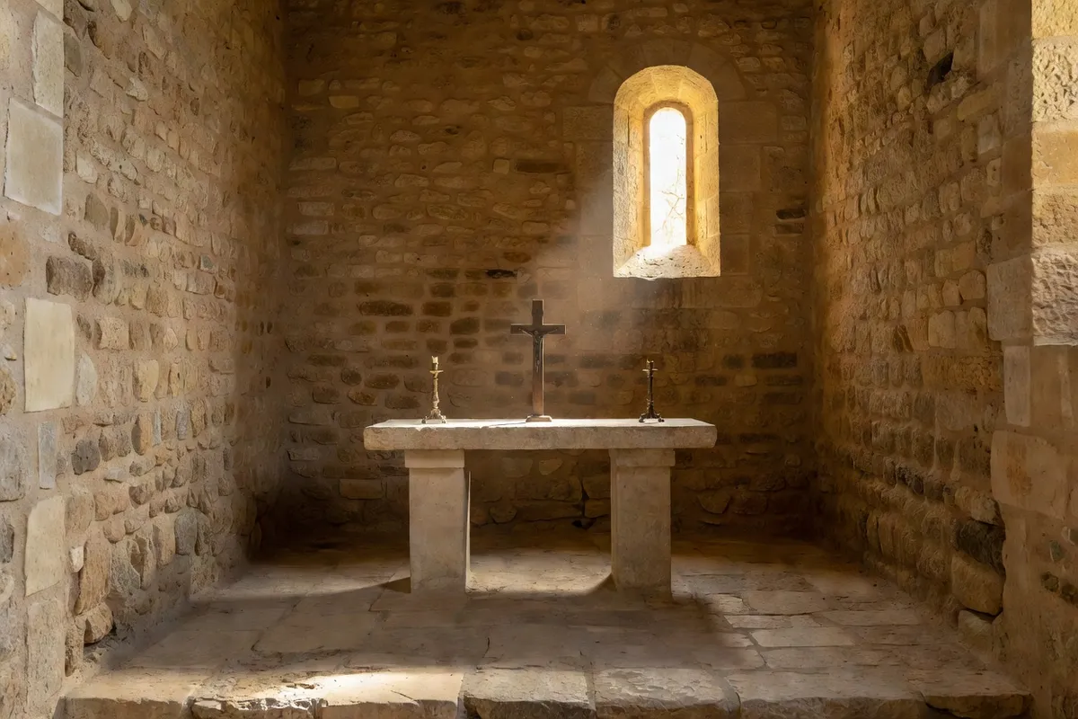 Intérieur en pierre de la chapelle Saint-Julien près de Bédoin avec autel simple et lumière naturelle