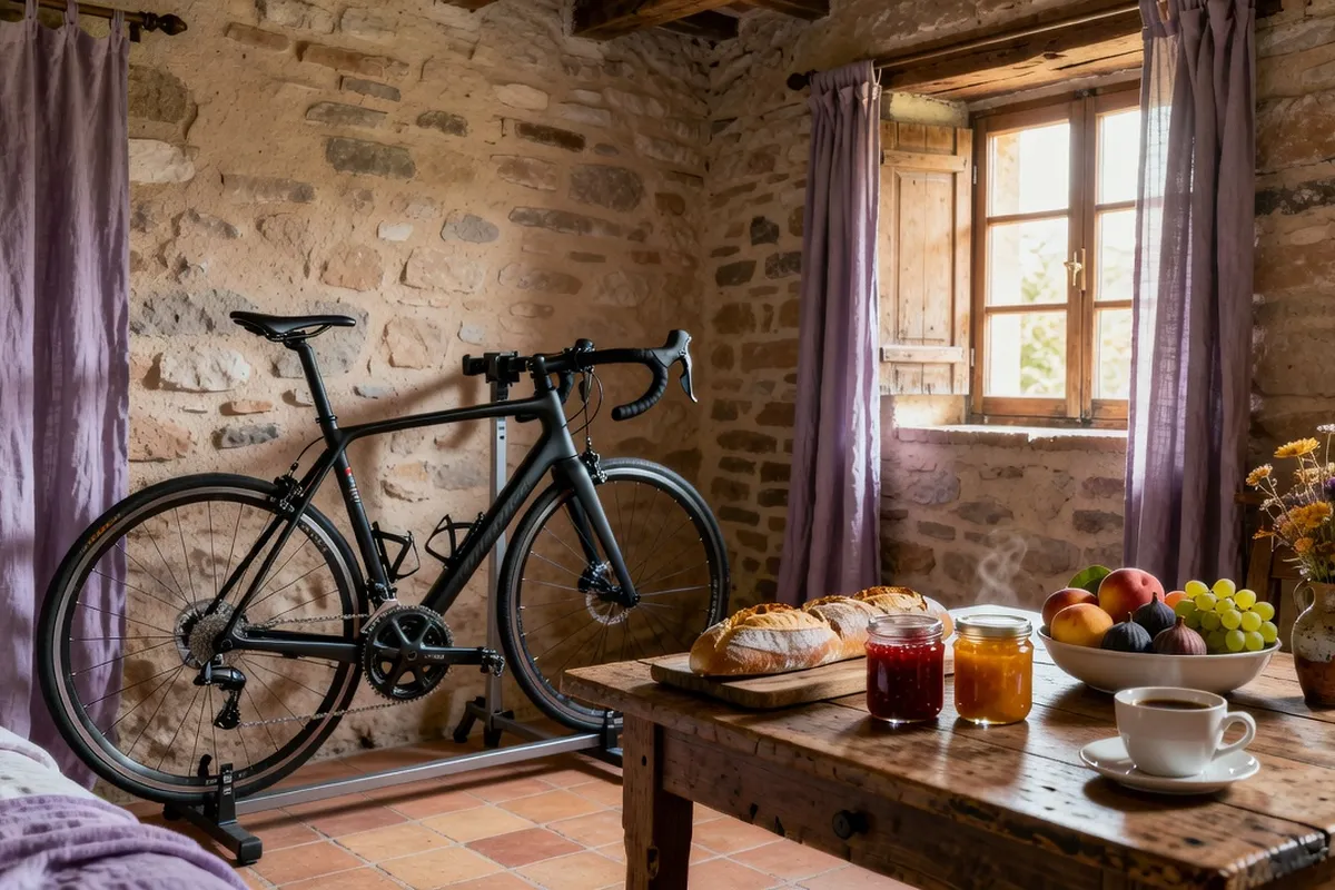 Chambre d’hôtes provençale avec vélos de route rangés dans un local sécurisé, petit-déjeuner copieux préparé sur une terrasse en pierre au lever du jour