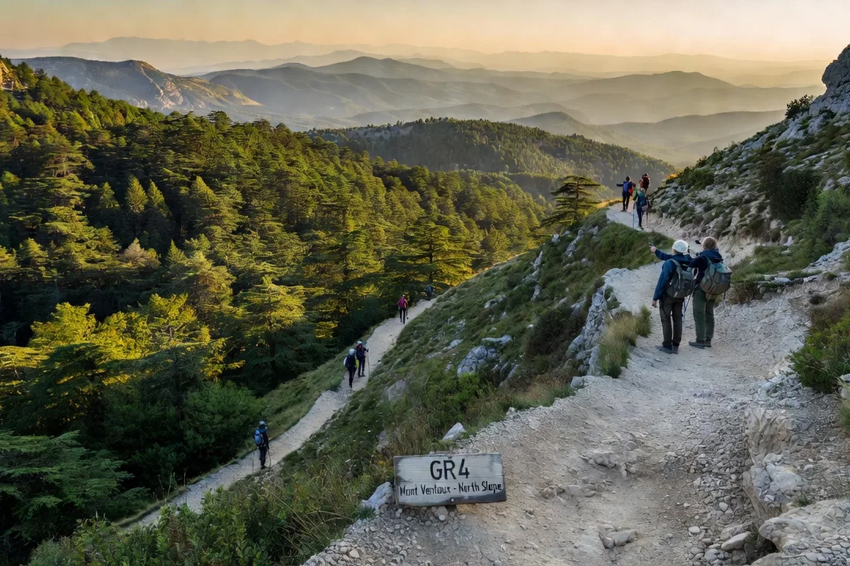 Sentier du GR4 sur le versant nord du Mont Ventoux avec vue sur les forêts de cèdres
