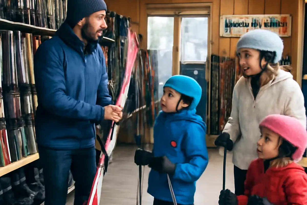 Skieurs en famille sur les pistes bleues du Mont Serein avec le ciel méditerranéen lumineux