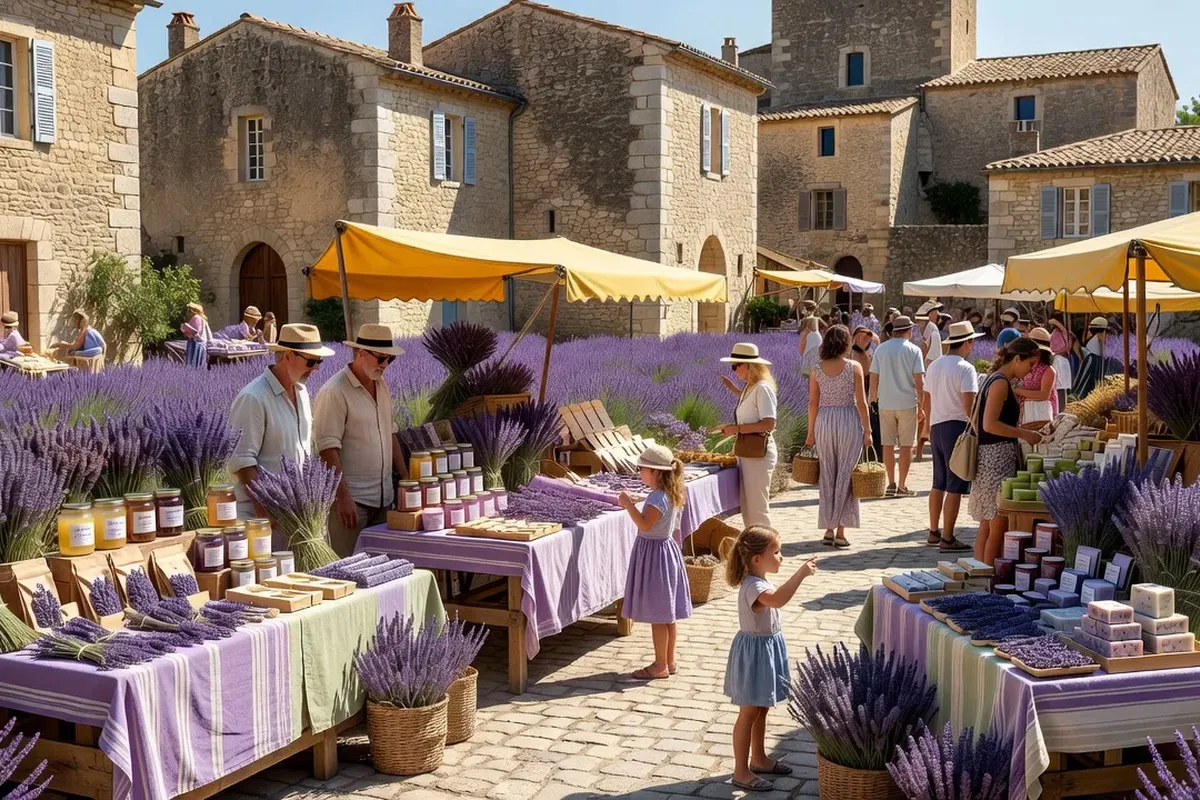 Champs de lavande fine en fleur sur le plateau de Sault avec le Mont Ventoux en arrière-plan